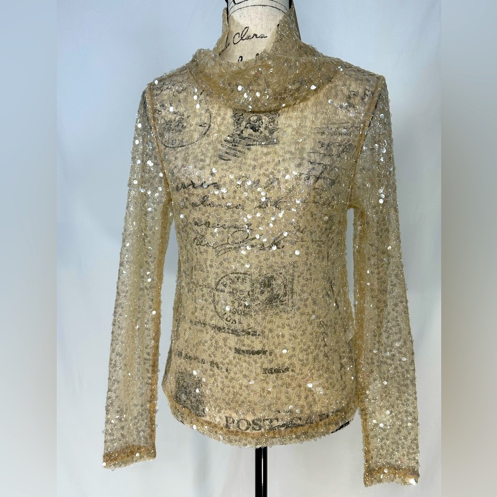 Sunday In Brooklyn Top Small Champagne Sheer Sequin Turtleneck Anthropologie